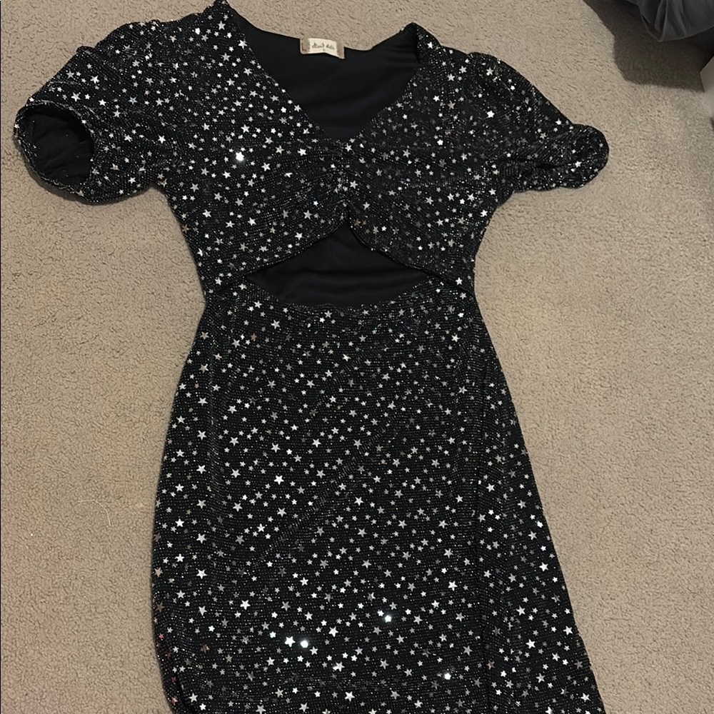 Altar'd State Silver Black Sequin Mini Dress V-Neck Puff Sleeves
